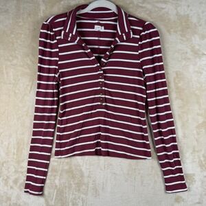 Pilcro Anthropologie Womens Small Burgundy Striped Ribbed Henley Top Long Sleeve